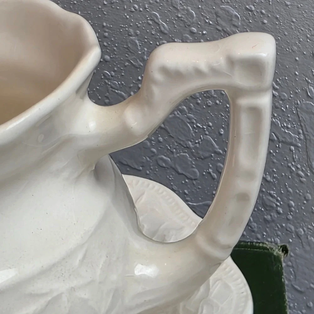 Vintage Cream Ceramic Embossed Floral Creamer and Saucer Set Scalloped Footed‎